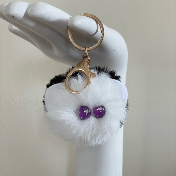 Black & White Character Fluffy Pom Pom Keychain Accessory with Purple Heart Eyes - Picture 12 of 12